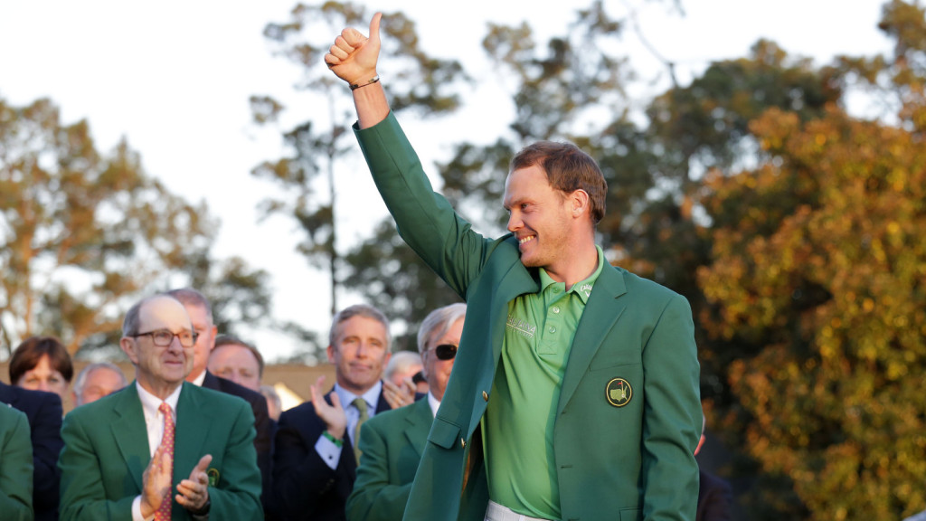 Master Champion Danny Willett of England and Masters champion Jordan Spieth during the Green Jacket Presentation in Butler Cabin at Augusta National Golf Club on Sunday April 10, 2016.